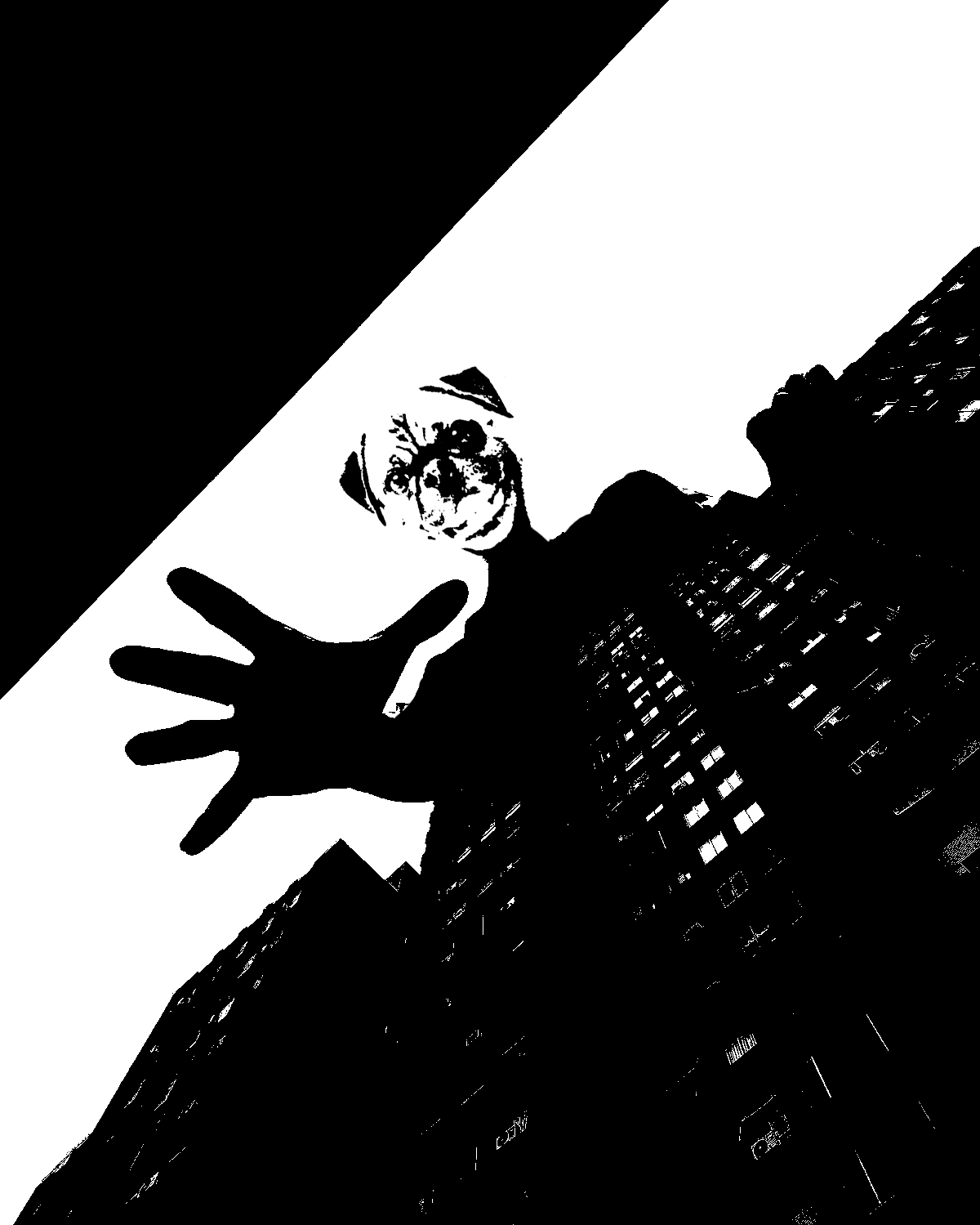 Black and white Pomps figure above a city